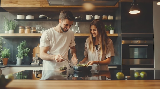 A couple cooks together in their modern kitchen laughing and enjoying each others company