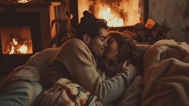 Photo a couple cozily embraces near a warm fireplace wrapped in blankets sharing an intimate tender moment amidst a glowing cozy atmosphere