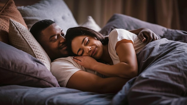 a couple cuddling in bed with a pillow and a man sleeping