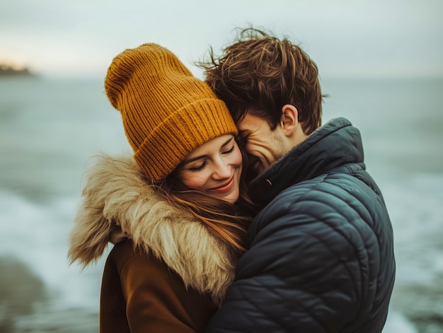 Photo couple cuddling at the sea shore