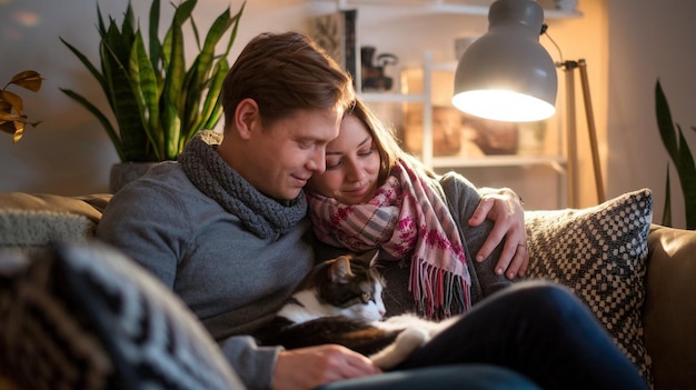 Photo a couple cuddling with a cat on their lap