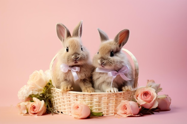 Couple of cute bunnies with basket Easter eggs and spring flowers on a light pink colored background