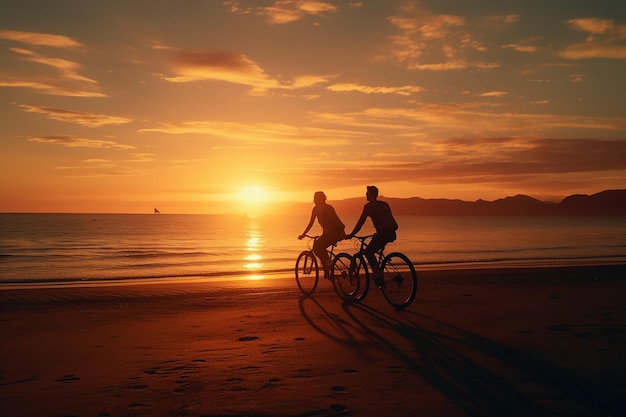 Couple cycling towards the sun at sunset