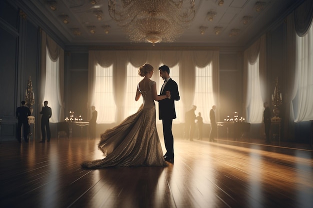 A couple dancing in a ballroom with a light shining on the wall behind them.