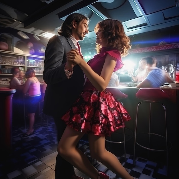 A couple dancing in a bar with a man in a suit on the back