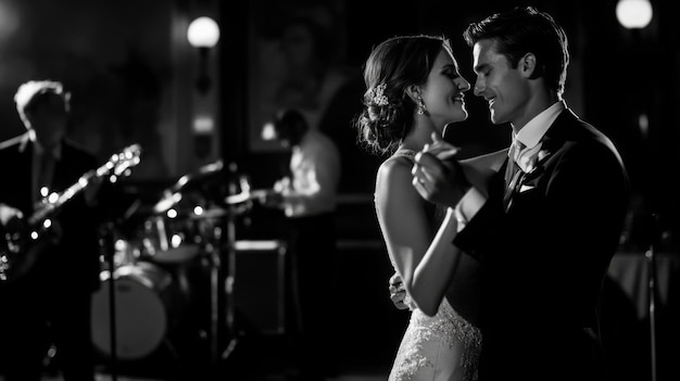 Photo couple dancing at elegant evening reception with live band in soft lighting