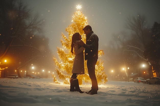 Couple dancing under illuminated christmas tree in snowy night