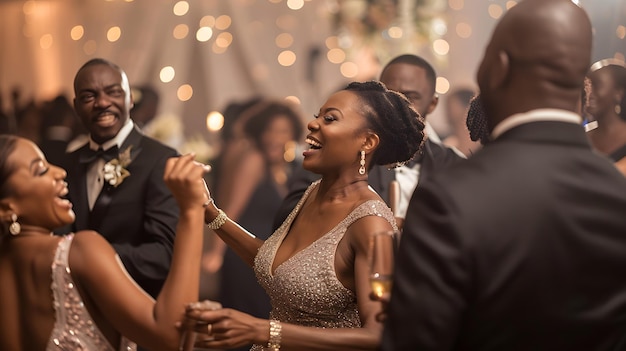 a couple dancing in a wedding reception with a man wearing a suit and a woman in a suit