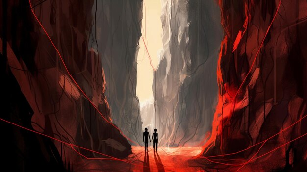 A couple in a dark canyon with a red light on the left side.