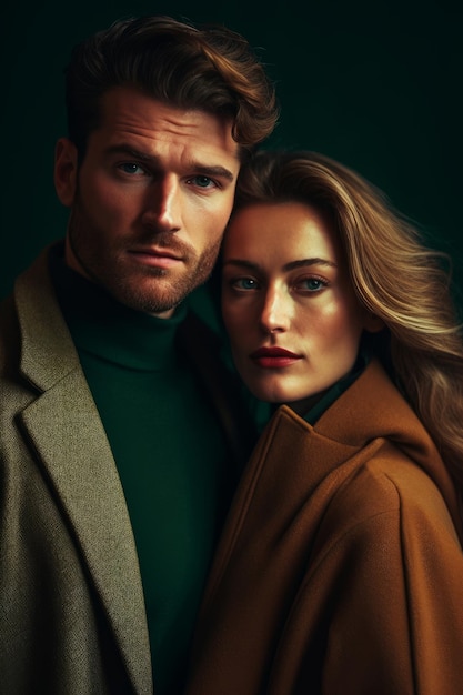 A couple in a dark room with a green turtleneck and a green turtleneck.