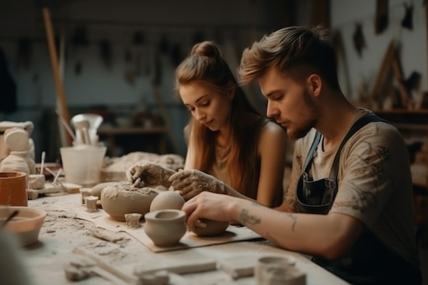 Couple on date creating vase at ceramic studio Generative Ai