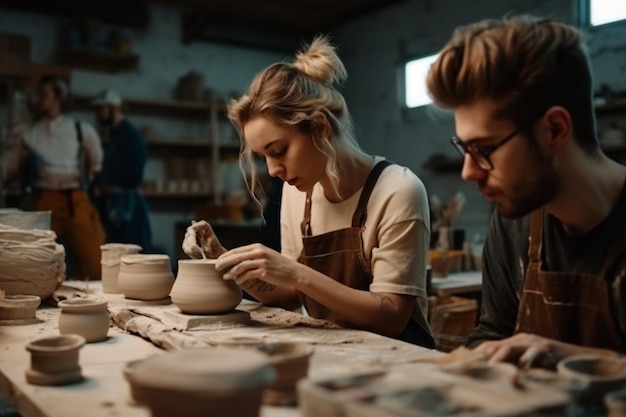 Couple on date creating vase at ceramic studio Generative Ai