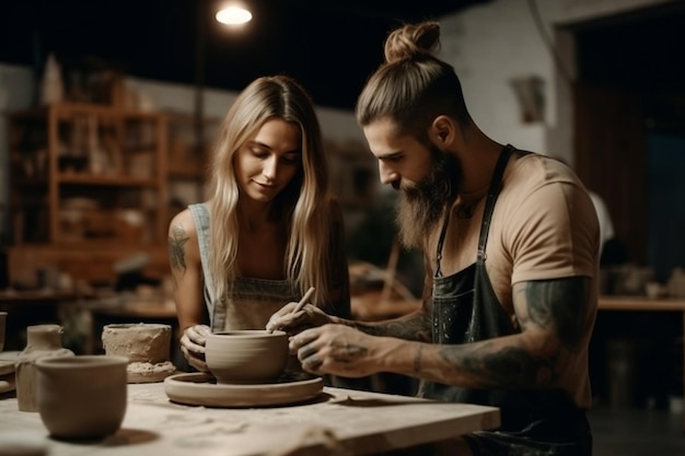 Couple on date creating vase at ceramic studio Generative Ai