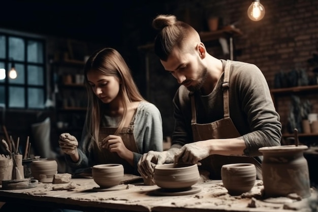 Couple on date creating vase at ceramic studio Generative Ai