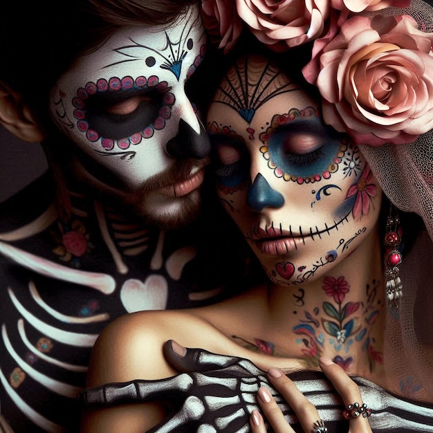 Couple day of the dead sugar skull makeup Da de Muertos wallpaper