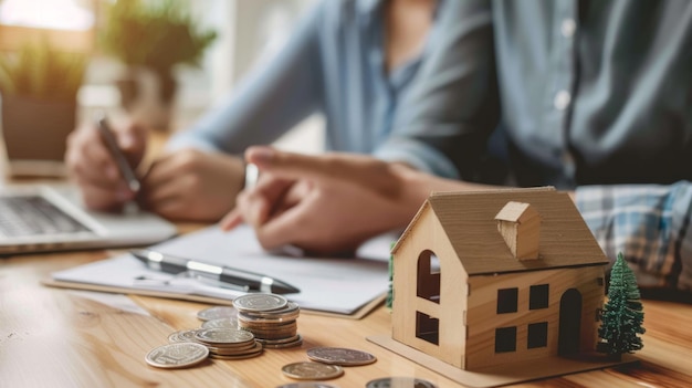 Photo couple discussing finances with a house model and coins on a table symbolizing home investment and f