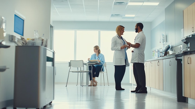 Photo a couple of doctors are talking in a hospital room