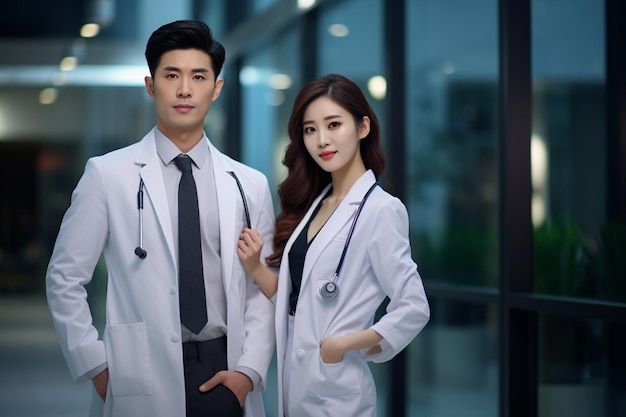 a couple of doctors standing against an office background