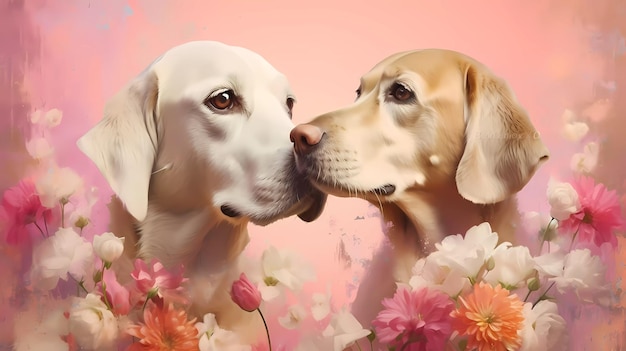 A couple of dogs are kissing in a flowery background.