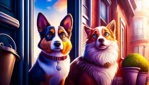 Couple of dogs sitting next to each other on window sill Generative AI