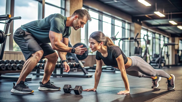 a couple doing push ups in a gym with a woman doing push ups