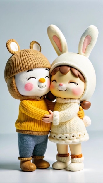 a couple of dolls with one wearing a yellow sweater and the other has a rabbit on his chest