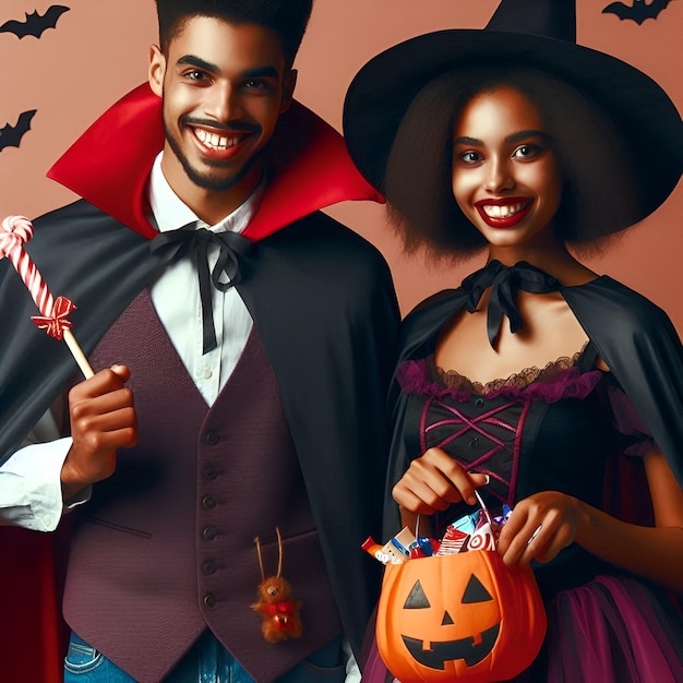 a couple dressed as a witch and a pumpkin for western christian holiday