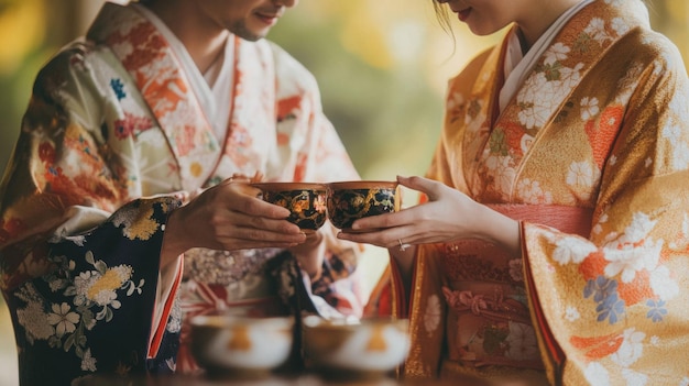 Photo a couple dressed in elegant traditional kimonos participates in a serene tea ceremony in a lush