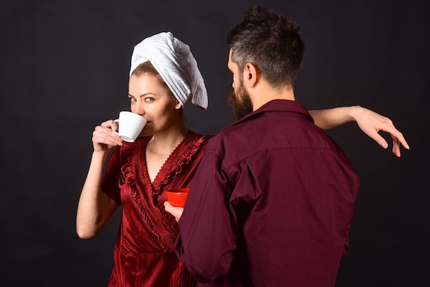 Couple drink coffee at morning couple having breakfast husband and wife have breakfast together