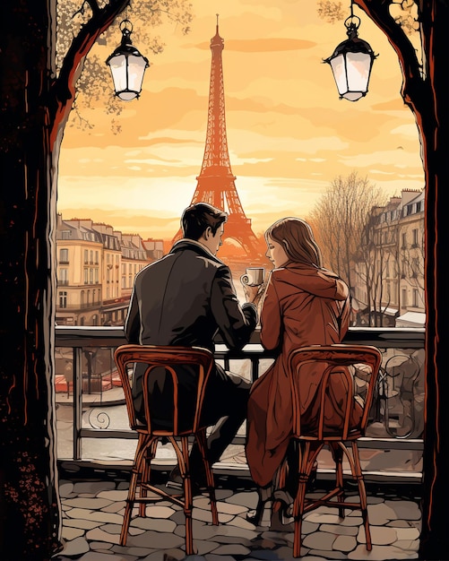 Photo couple drinking coffee in paris style