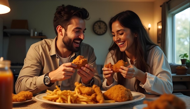 a couple eating fried chicken and fries in front of a clock