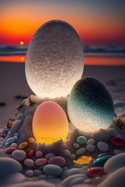 Couple of eggs sitting on top of a pile of rocks generative ai