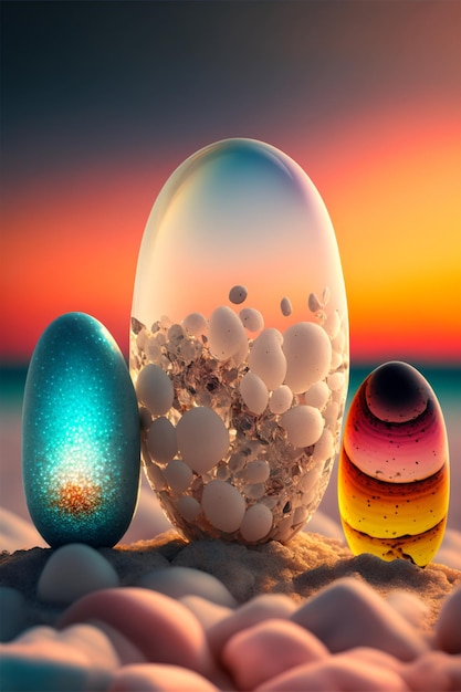 Couple of eggs sitting on top of a sandy beach generative ai