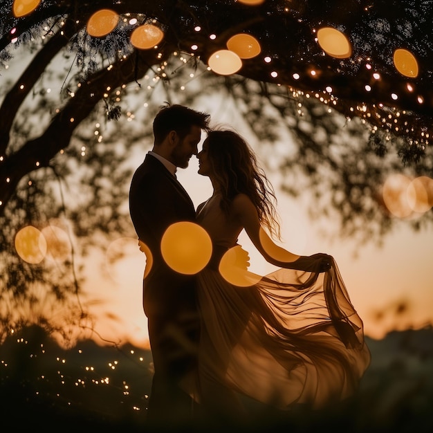 Couple in elegant flowing clothes dance under fairy lights at sunset