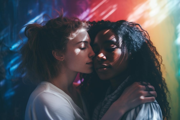 a couple embrace in front of a colorful light