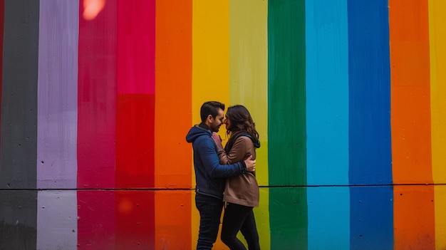 Photo a couple embrace in front of a colorful wall