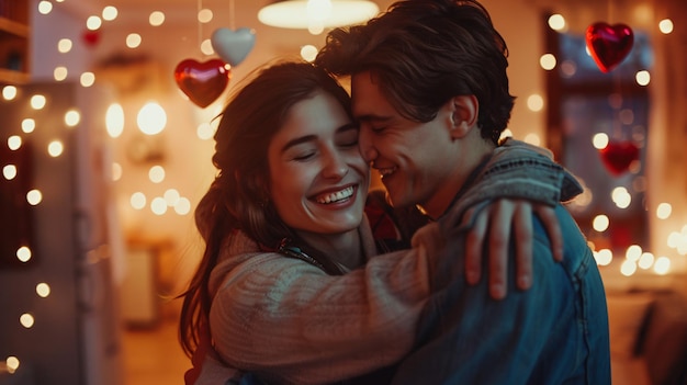 a couple embraces in front of a christmas tree with the words love on it