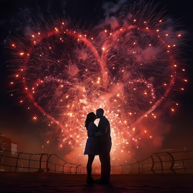 A couple embraces in front of a heart shaped fireworks.