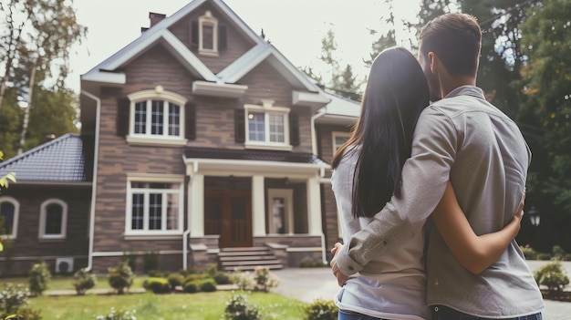 A couple embraces in front of their new home