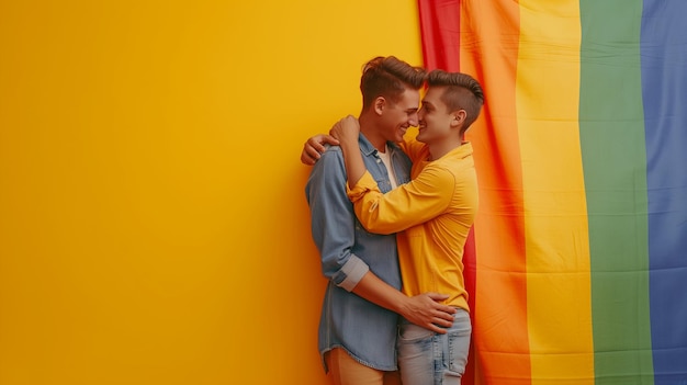 Photo a couple embraces in front of a yellow banner that says quot love quot