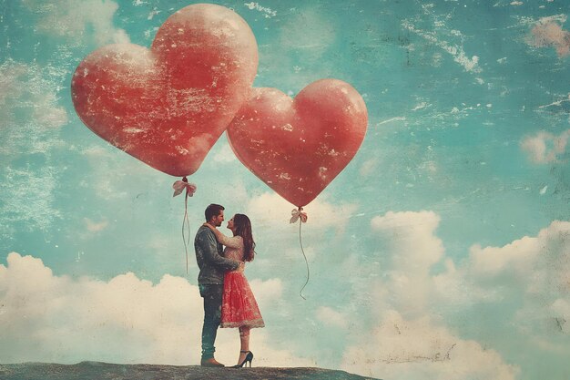 A couple embraces under heartshaped balloons in a romantic outdoor setting Generative AI