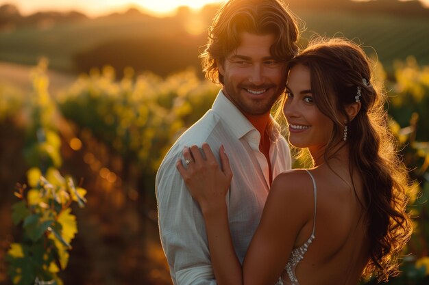 Couple Embraces in Romantic Vineyard Setting Bathed in Warmth