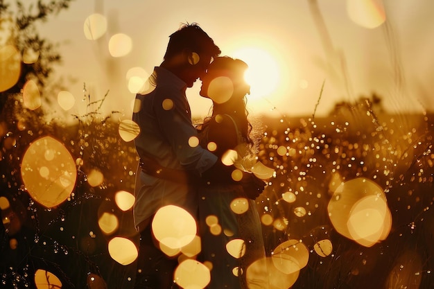 Photo a couple embraces at sunset silhouetted against a field of tall grass with soft golden light creating a dreamy atmosphere a sentimental photo capturing a special memory