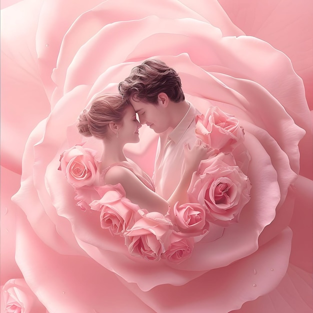 Photo couple embracing each other surrounded by pink roses in romantic floral setting