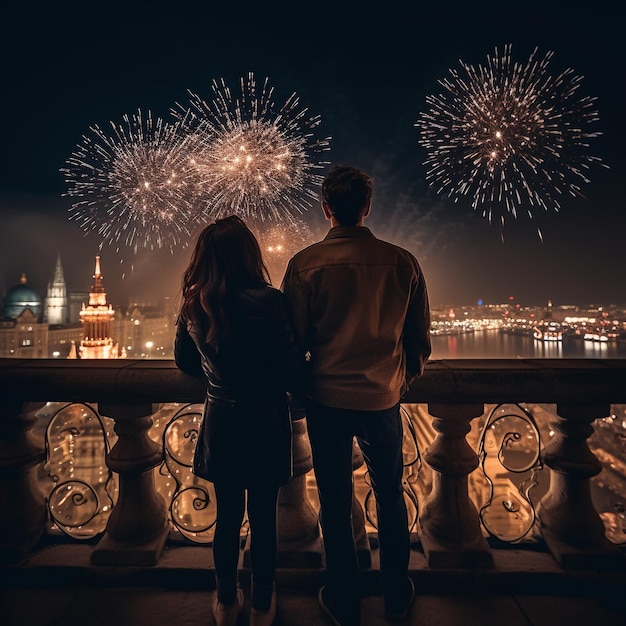 couple embracing in front of a dazzling fireworks show