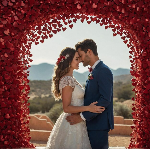 Couple Embracing Under a HeartShaped Arch