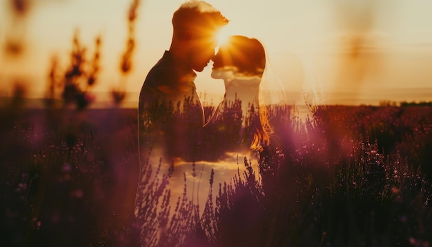 Photo couple embracing in a lavender field during sunset in a romantic moment