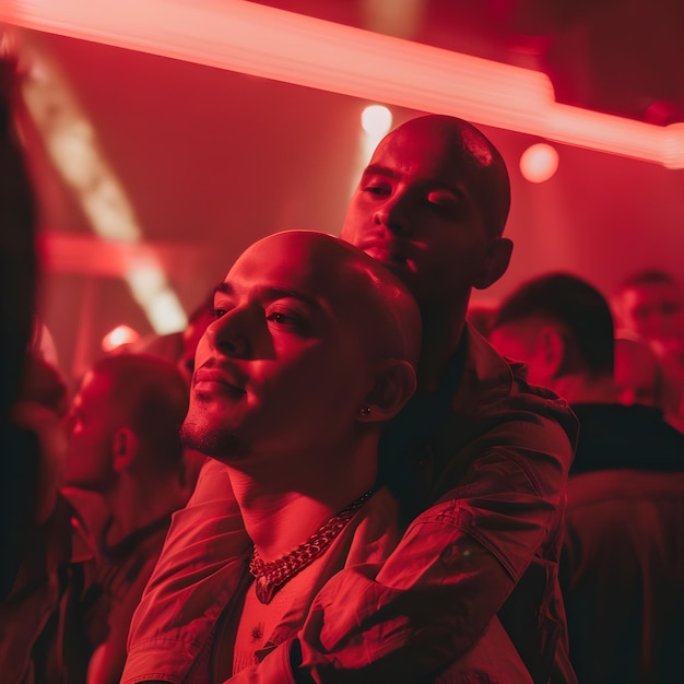 Photo couple embracing at a party with intense red lighting