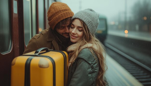 Couple Embracing at Train Station