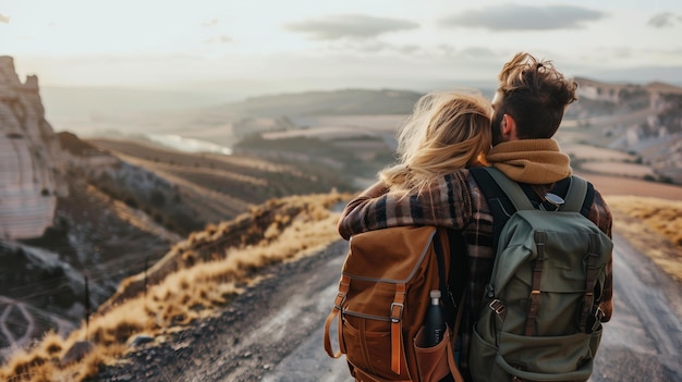 Photo couple embracing while enjoying a scenic overlook